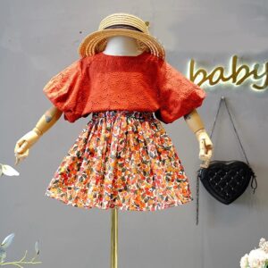 Girls Fashion Solid Color Hollow Out Tops And Floral Skirt Set
