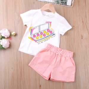 Girls Color Box Pattern T-Shirt And Solid Color Short Set