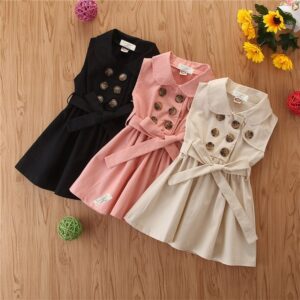 Girls Fashion Lapel Double Single Row Sleeveless Dress