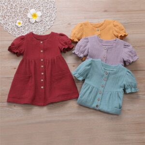 Girls Simple Solid Color Single-breasted Short-sleeves Dress