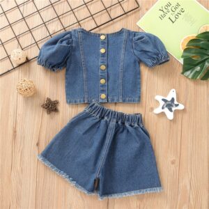 Girls Fashion Solid Color Single-breasted Denim Tops And Shorts Set