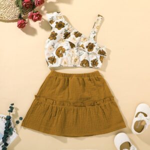 Girls Fashion Flower Pattern Ruffled Tops And Solid Color Skirt Set