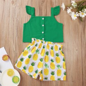 Girls Fashion Solid Color Tops And Pineapple Pattern Shorts Set