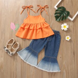 Girls Fashion Flounced Striped Tops And Bell-bottomed Pants Set