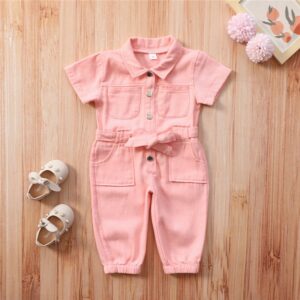 Girls Simple Lapel Design Solid Color Jumpsuit