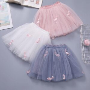 Girls Bird Pattern Pleated Gauze Fluffy Skirt