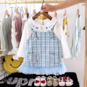 Girls Lapel Design Heart Embroidery Tops And Suspender Skirt Set