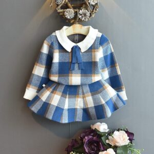 Girls Lapel Design Plaid Tops And Skirt Set