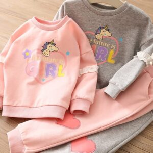 Girls Cartoon Pattern Lace Design Sweatshirt And Heart Pattern Pants Set
