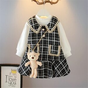 Girls Round Neck T-Shirt And Lapel Design Dress With Bear Toy Set