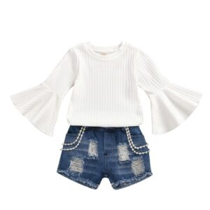 Girl White Knitted Flared Sleeve Tops And Ripped Denim Shorts Set
