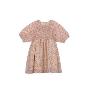 Girls Flower Print Bubble Sleeves Dress