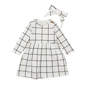 2 Pcs Set Girls Long Sleeves Plaid Printed Dress And Headband