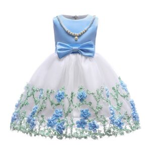 Hot Sale Wedding Fashion Artistic Imitation Pearl Decoration Bowknot Embroidery Sleeveless Cotton Girls Fancy Party Dress