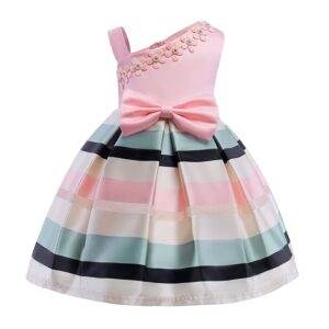 Fashion New Style Sleeveless Stripe One Shoulder Small Flower Decoration Bowknot Cotton Girls Fancy Party Dress