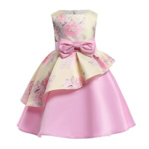 Nice Girl Stylish New Lovely Irregular Print Fancy Dress Design Cotton Bowknot Decoration Flower Pattern Sleeveless Party Dress