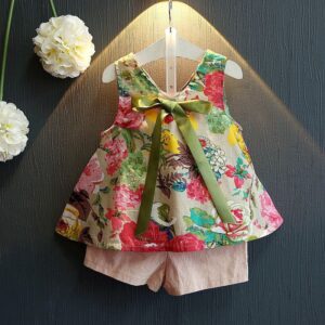 2 Pcs Set Girl Floral Print Sleeveless Tops And Shorts
