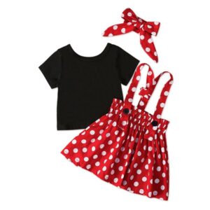 3 Pcs Set Cute Girl Black T-Shirts And Dots Print Overall Dresses With Headband
