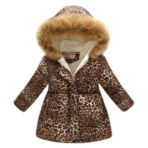 Girl Colorful Print Slim Fit Fur Collar Hooded Warm Coat