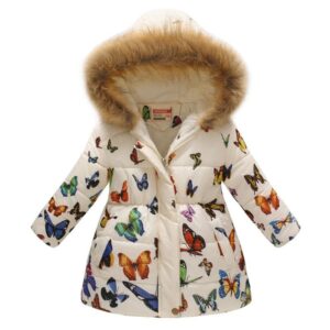 Girl Multicolor Butterfly Print Fur Collar Hooded Warm Coat