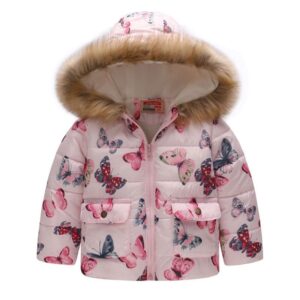 Girl Fashion Print Fur Collar Short Hooded Warm Coat