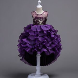 Girls Sleeveless Floral Embroidered Multilayer Party Dress