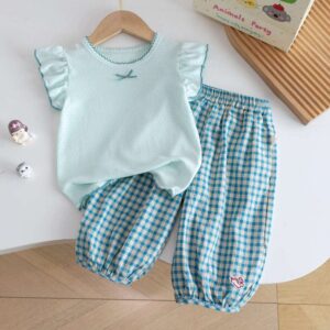 Girls Fashion Cute Short Sleeve T-Shirt Plaid Pants Two-Piece Set