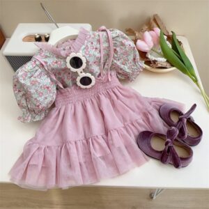 Kids Toddler Girls Casual Cute Tiny Flower Puff Sleeve Shirt Mesh Cami Dress Set