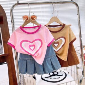Girls Fashion Heart-Print T-Shirt And Denim Skirt Two-Piece Set