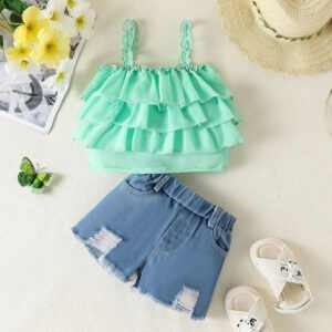 Girls Fashionable Ruffled Halter Top And Denim Shorts Two-Piece Set