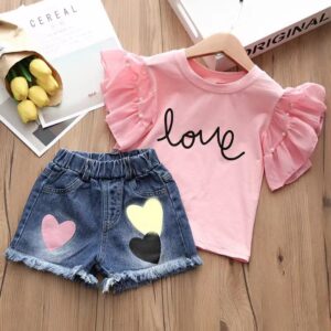 Girls Fashion Letter Printed Ruffled Short-Sleeve T-Shirt Denim Shorts Two-Piece Set