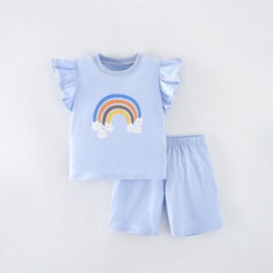 Girls Fashion Casual Rainbow Print Short-Sleeve T-Shirt Shorts Two-Piece Set