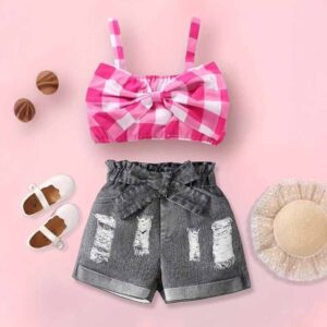 Kids Toddler Girls Fashion Casual Bow Plaid Tube Top Denim Shorts Sets