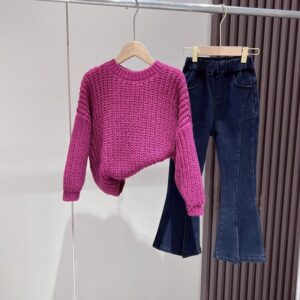 Kids Toddler Big Girls Spring Autumn Fashion Casual Solid Color Long Sleeve Knitwear Sweater Trousers Set
