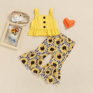 Kids Toddler Girls Casual Cute Sunflower Leopard Print Sleeveless Camisole Flare Trousers Set