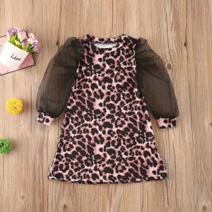 Girls Autumn Mesh Puff Sleeve Leopard Pattern Dress