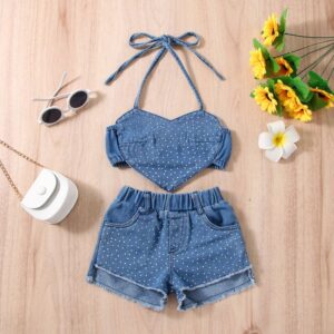 Kids Toddler Girls Summer Halter Neck Heart Top Denim Shorts Set