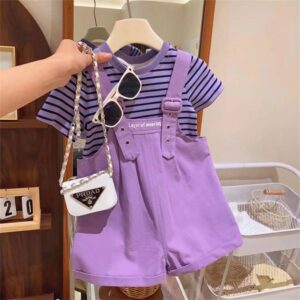 Kids Toddler Girls Casual Cute Stripe Tank Top Short Sleeve Round Neck T-Shirt Suspender Pants Set