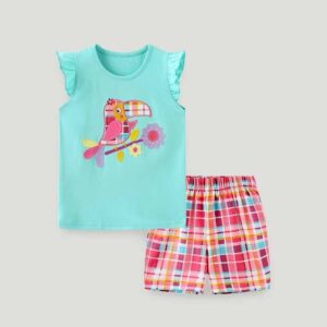 Kids Toddler Girls Casual Cute Cartoon Embroidery Fluttering Sleeve T-Shirt Playd Shorts Set
