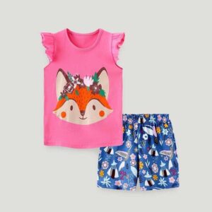 Kids Toddler Girls Casual Cute Cartoon Print Fluttering Sleeve T-Shirt Shorts Set