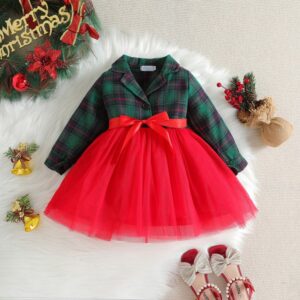 Christmas Children Girl Vintage Plaid Mesh Dress