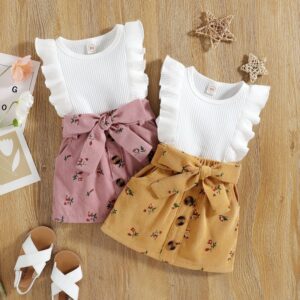Baby Girls Pastoral Ruffled Sleeveless Round Neck Top And Floral Button A-line Skirts With Belt