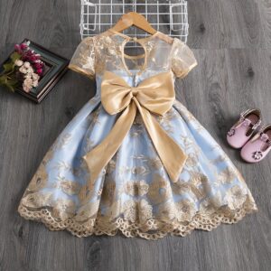 Girls Elegant Round Neck Sleeveless Embroidery Bow Princess Party Dress