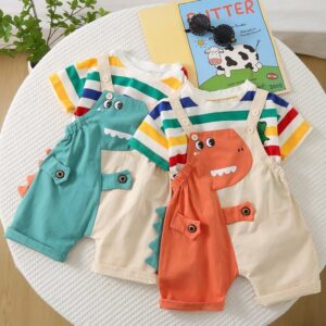 Summer Boys And Girls Color Rainbow Stripe Crewneck Short-Sleeved Tee Suspender Dinosaur Shorts Two-Piece Set