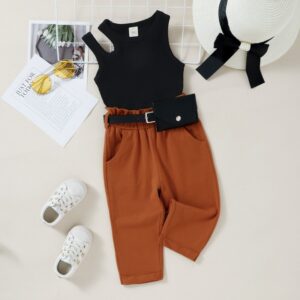 Kids Girls Casual Round Neck Sleeveless Cut Out Solid Color Top And Elastic Pants With Waist Pack Set