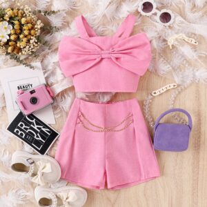 Kids Toddler Girls Cute Sweet Solid Color Bow Sleeveless Cami Top Shorts Set