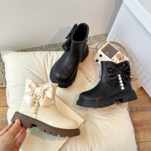 Kids Girls Fashion Casual Bowknot Round Toe Zipper Leather Boots
