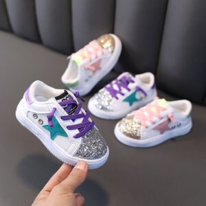 Girls Casual Star Pattern Sequined Lace-up Sneakers