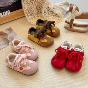 Kids Girls Fashion Casual Embroidered Flower Soft Bottom Lace-Up Sneakers