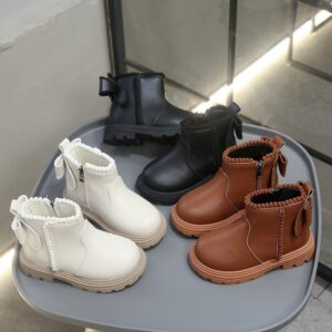 Kids Girls Autumn And Winter Fashion Solid Color Zipper Bowknot Boots